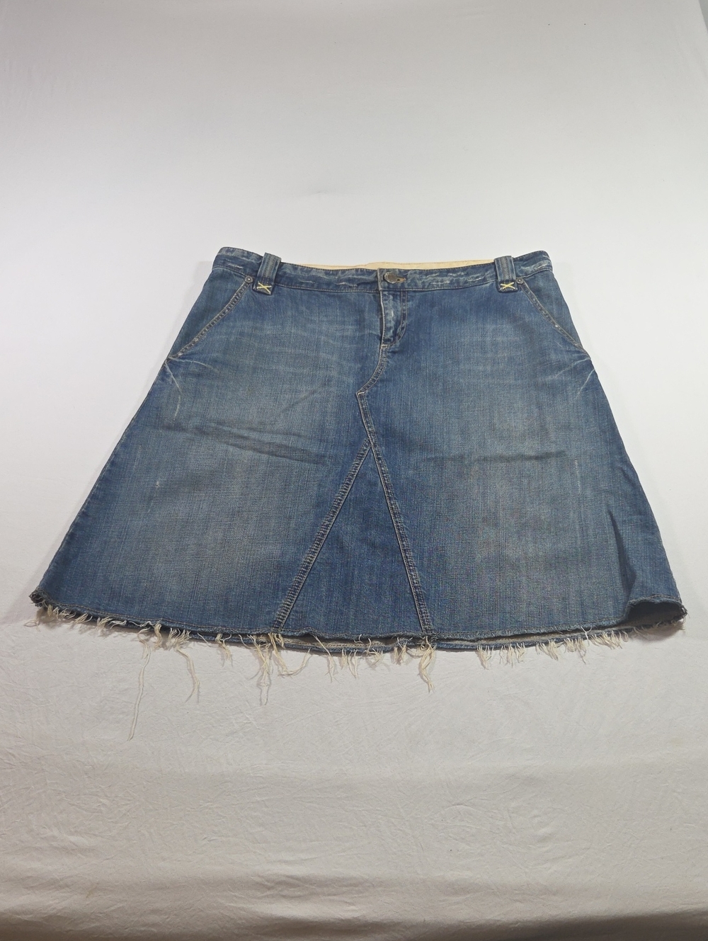 Banana Republic Blue Denim A-Line Midi Skirt Boho Frayed Hem Distressed Size 10